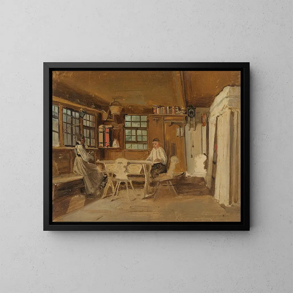 Salle paysanne de la Forêt-Noire avec une paysanne à tricoter et un paysan lisant - Johann Baptist Kirner — kehystetty taideteos seinällä