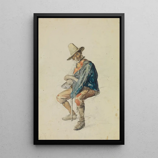 Johann Baptist Kirner - Sitzender lterer Italiener beide Hnde auf einen Stock gesttzt nach links gewendet.webp