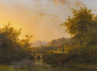 Johann Bernhard Klombeck - Landscape With Peasants Walking Near A River At Dusk.webp