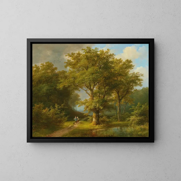 Maisemakuva metsäisestä alueesta, jossa pari maanviljelijää palaa kotiin - Johann Bernhard Klombeck — kehystetty taideteos seinällä