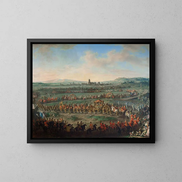 Keisari Frans I:n sisäänkäynti, Etienne ja hänen poikansa Joosef II Frankfurtissa 29. maaliskuuta 1764 - Johann Dallinger von Dalling — kehystetty taideteos seinällä