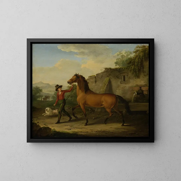 Un palefrenier conduisant un étalon à la mangeoire - Johann Georg Pforr — kehystetty taideteos seinällä