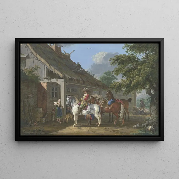 Johann Georg Pforr - Ein reichgekleideter Kavalier hlt mit drei Pferden und einem Diener vor einem Bauernhaus eine barfige junge Frau schenkt ihm ein.webp