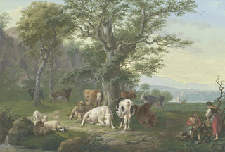 Johann Georg Pforr - Lagernde Herde unter einer Eiche rechts Hirte und Hirtin bei der Mahlzeit und Ausblick in die Ferne.webp