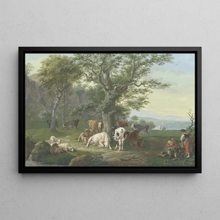 Johann Georg Pforr - Lagernde Herde unter einer Eiche rechts Hirte und Hirtin bei der Mahlzeit und Ausblick in die Ferne.webp