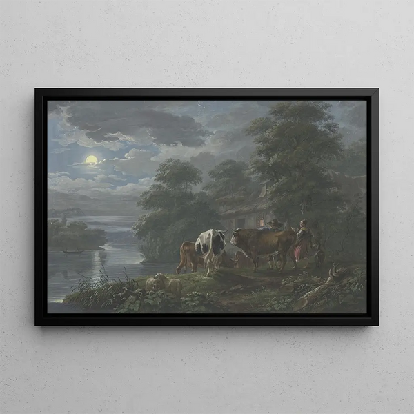 Johann Georg Pforr - Mondscheinlandschaft an einem Flu Hirte und Hirtin treiben das Vieh zum Hof.webp