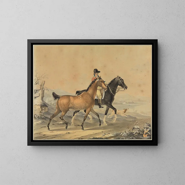 Cavalier avec deux chevaux et un chien - Johann Georg Pforr — kehystetty taideteos seinällä