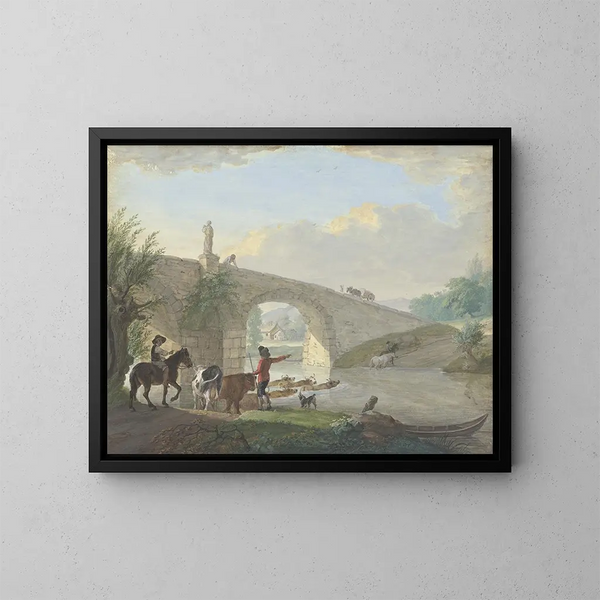 Bétail avec deux bergers traversant un pont de pierre à la nage - Johann Georg Pforr — kehystetty taideteos seinällä