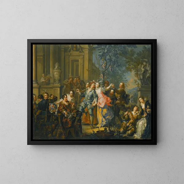 Elegantti seura seurustelee palatsin edessä - Johann Georg Platzer — kehystetty taideteos seinällä
