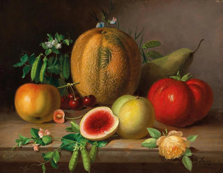 Ruokamainen still life meloni, tomaatti, omenat, päärynät ja herneenversot kukassa - Johann Georg Seitz — näkymä teoksesta