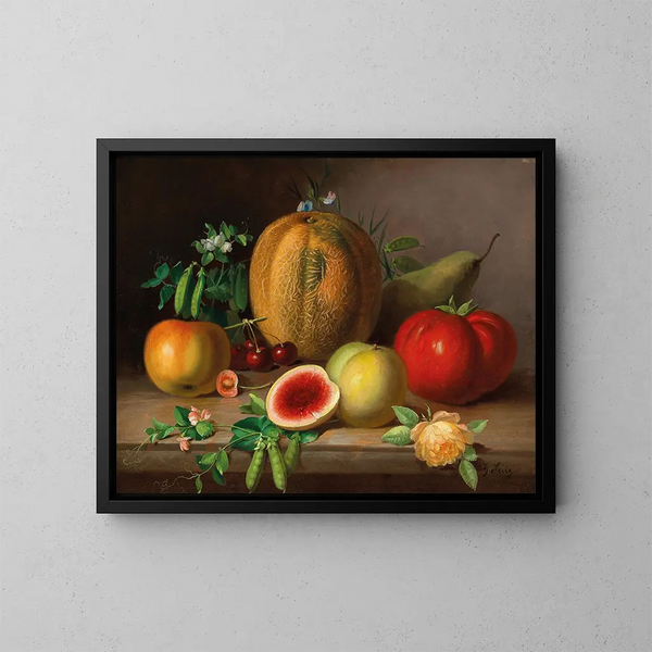 Ruokamainen still life meloni, tomaatti, omenat, päärynät ja herneenversot kukassa - Johann Georg Seitz — kehystetty taideteos seinällä