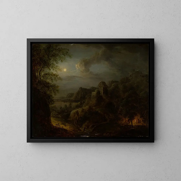 maisemasta täysikuun kanssa - Johann Georg Trautmann — kehystetty taideteos seinällä
