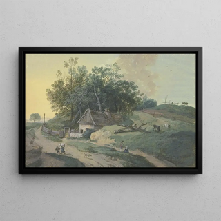 Johann Georg Wagner - Bauernhaus am Weg unter Bumen Staffage von vielen Figuren und weidendem Vieh.webp
