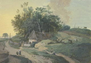 Johann Georg Wagner - Bauernhaus am Weg unter Bumen Staffage von vielen Figuren und weidendem Vieh.webp