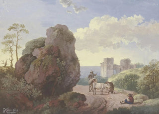 Johann Georg Wagner - Ein groer Fels neben einem Weg mit Hirten und Vieh rechts eine Ruine.webp