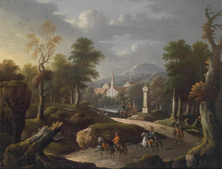 Maisemaa vuoristomaisemalla matkailijoiden kanssa - Johann Georg von Bemmel — näkymä teoksesta