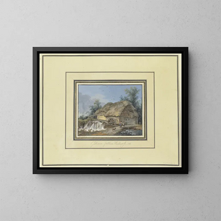 Johann Gottlieb Hackert - Strohgedeckte Wassermhle zu der ein Bauer mit Esel und Hund kommt.webp