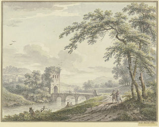 Johann Heinrich Mntz - Landschaft mit einer Brcke und Turm rechts unter einem Baum ein Paar mit einem Hund.webp