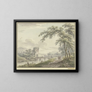 Johann Heinrich Mntz - Landschaft mit einer Brcke und Turm rechts unter einem Baum ein Paar mit einem Hund.webp