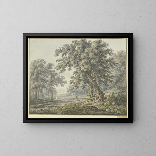 Metsänäkymä kahdella ryhmällä figuureja - Johann Heinrich Müntz — kehystetty taideteos seinällä