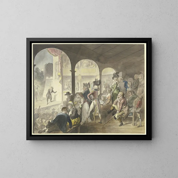 Julkinen teatteritaulu Hamlet-esityksen aikana - Johann Heinrich Ramberg — kehystetty taideteos seinällä