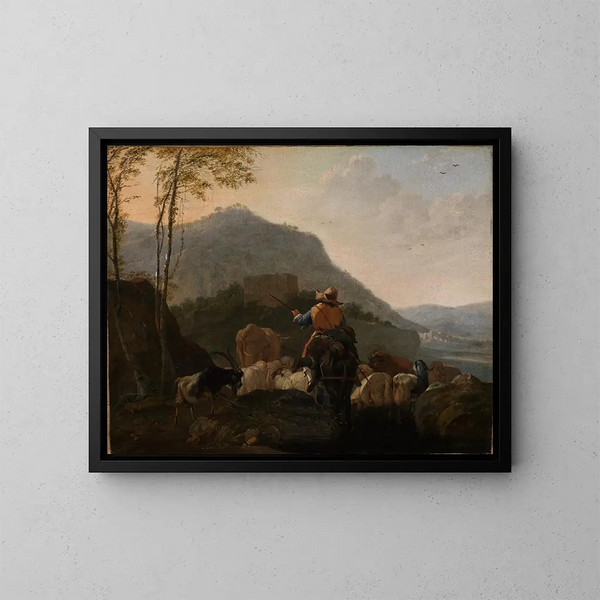 Bergers partant avec leur troupeau dans un paysage montagneux du sud - Johann Heinrich Roos — kehystetty taideteos seinällä