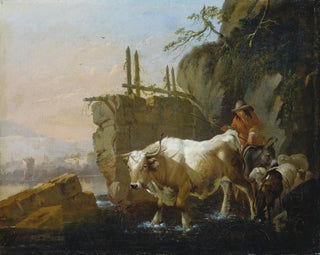 Bergers conduisant du bétail à travers un gué - Johann Heinrich Roos — näkymä teoksesta