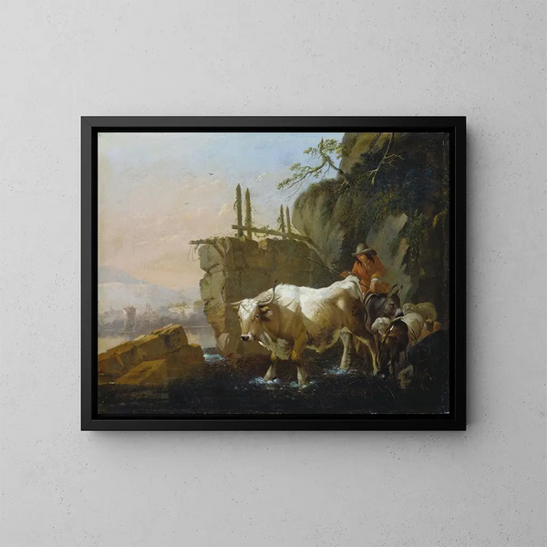 Bergers conduisant du bétail à travers un gué - Johann Heinrich Roos — kehystetty taideteos seinällä