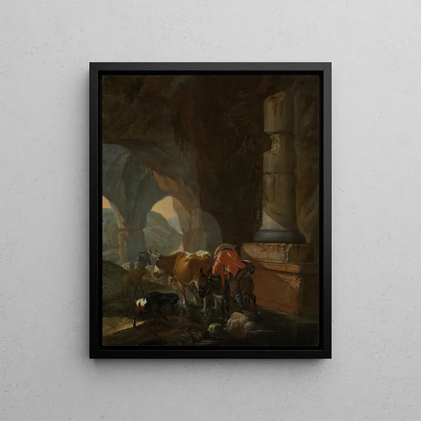 Johann Heinrich Roos - Hirt und Herde in einer Berghhle mit antikem Mauerwerk.webp