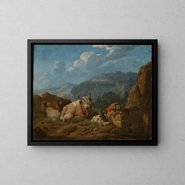 Italian vuoristomaisemasta - Johann Heinrich Roos — kehystetty taideteos seinällä