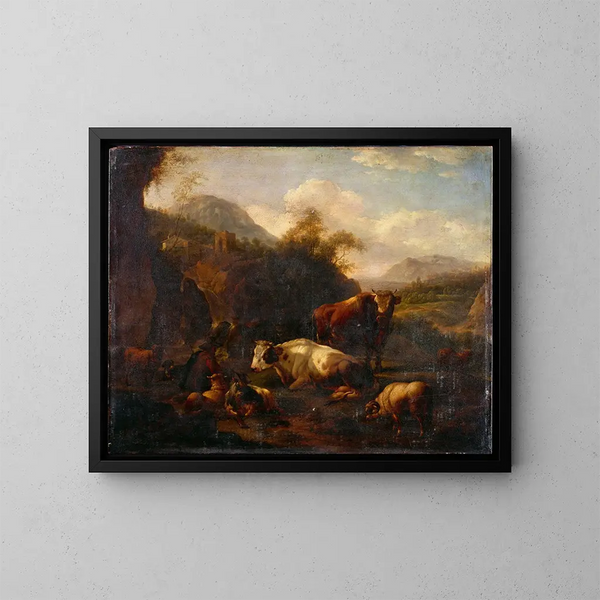 Maisema metsästäjien kanssa - Johann Heinrich Roos — kehystetty taideteos seinällä