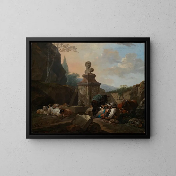 Bergère et troupeau près d'une fontaine romaine - Johann Heinrich Roos — kehystetty taideteos seinällä