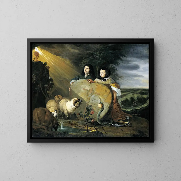 Automaalaus itsekuvasta vaimonsa kanssa ja kristinuskon symbolien kanssa - Johann Heinrich Roos — kehystetty taideteos seinällä