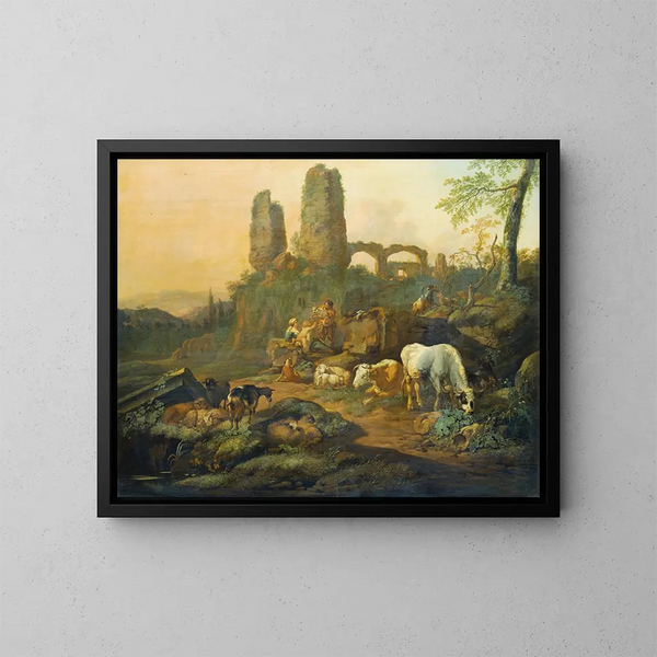 La famille de bergers se reposant près d'une ruine antique - Johann Heinrich Roos — kehystetty taideteos seinällä