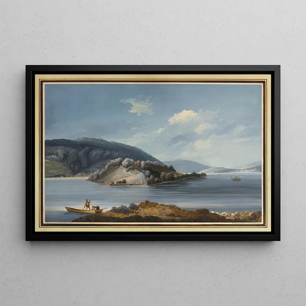 Johann Joseph Hartmannin Saint-Pietarin saaren näkymä Bienne-järvellä — kehystetty taideteos seinällä