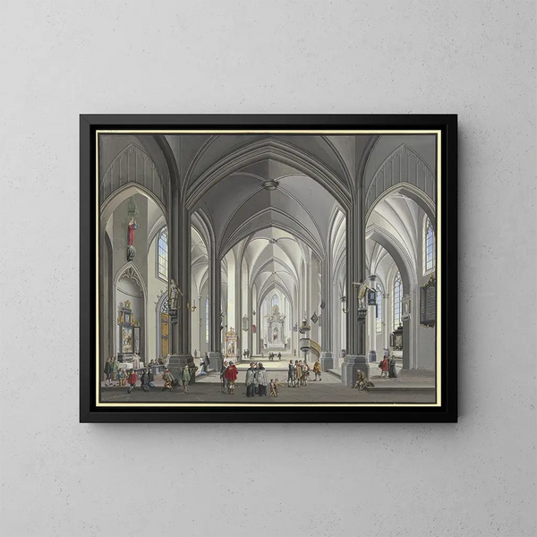 Vue de l'intérieur d'une église hallenkirche gothique avec de nombreuses figures de scène en costume du XVIIe siècle, à gauche un prêtre célèbre la messe 1790 - Johann Ludwig Ernst Morgenstern — kehystetty taideteos seinällä