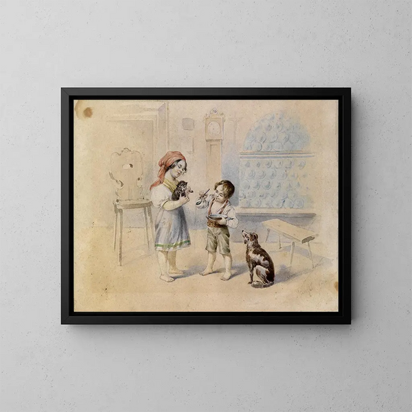 Salle de paysan avec poêle en faïence et enfants - Johann Matthias Ranftl — kehystetty taideteos seinällä