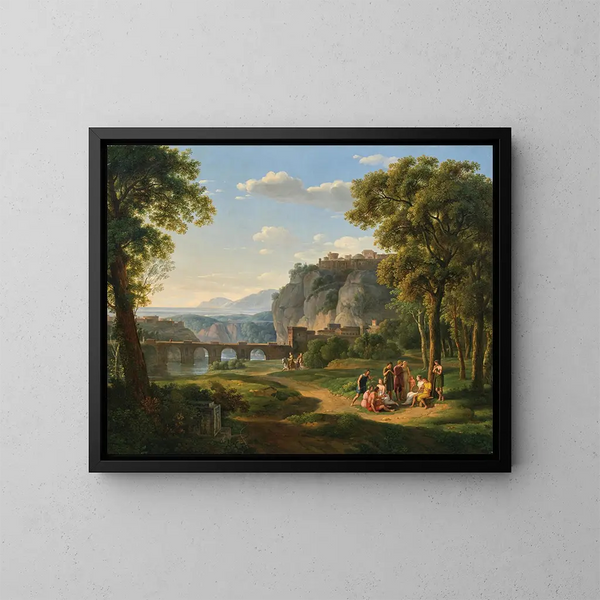Maisema arkadien ja sillan kanssa - Johann Nepomuk Schadlberger — kehystetty taideteos seinällä