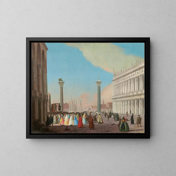Venetsian maalaus, Piazzetta etelästä nähtynä Pyhän Markuksen basilikan ja kirjaston kanssa, jossa väkijoukko kokoontuu seuraamaan Commedia dell'arte -esitystä - Johann Richter — kehystetty taideteos seinällä