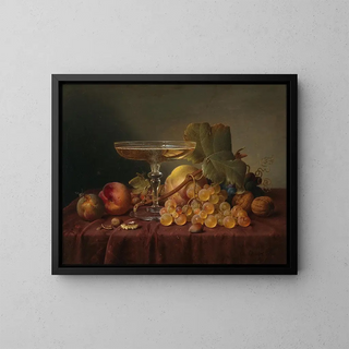 Still life with a glass of champagne and fruits on damask fabric - Johann Wilhelm Preyer — kehystetty taideteos seinällä