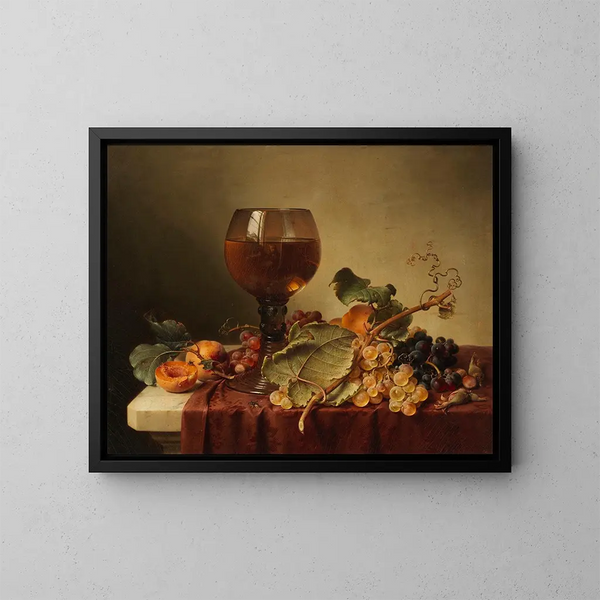 Luontokuva still life autoportrait lasissa viiniä ja hedelmiä - Johann Wilhelm Preyer — kehystetty taideteos seinällä