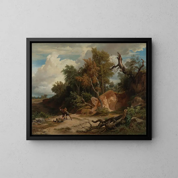 Lounas, matkustajan hyökkäys - Johann Wilhelm Schirmer — kehystetty taideteos seinällä