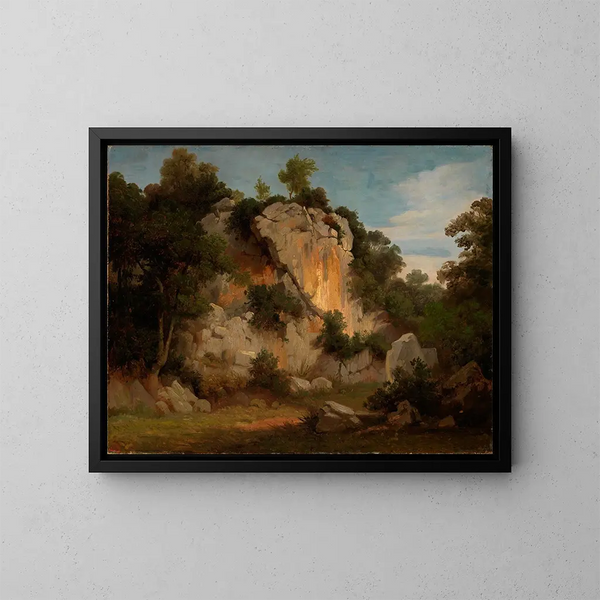 Mur rocheux avec fleurs et broussailles - Johann Wilhelm Schirmer — kehystetty taideteos seinällä