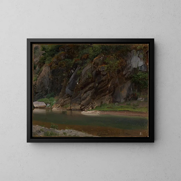 Rivière avec rivage rocheux - Johann Wilhelm Schirmer — kehystetty taideteos seinällä