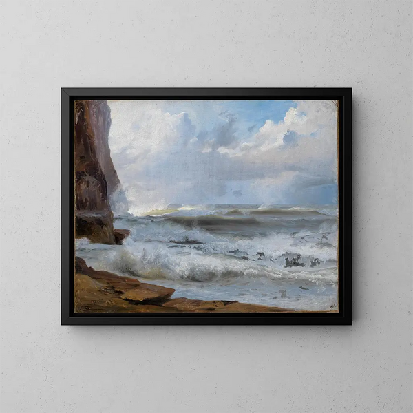 Meriaihe Étretat'n kallioiden kanssa vasemmalla - Johann Wilhelm Schirmer — kehystetty taideteos seinällä