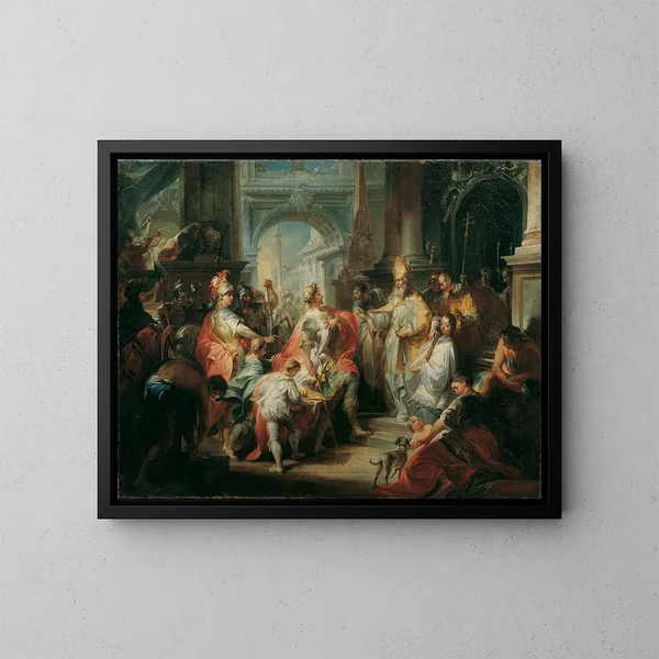 Saint Ambroise kieltää kuningas Theodosea pääsyn Milanin katedraaliin - Johann Wolfgang Baumgartner — kehystetty taideteos seinällä