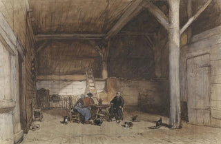 Johannes Bosboom - Boereninterieur met twee mannen en een vrouw aan een tafel verder enkele kippen en katten.webp