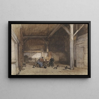 Johannes Bosboom - Boereninterieur met twee mannen en een vrouw aan een tafel verder enkele kippen en katten.webp