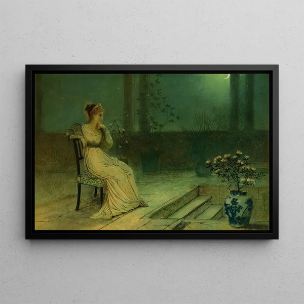 Nuori klassinen tyttö istuu terassilla kuutamossa - John Atkinson Grimshaw — kehystetty taideteos seinällä