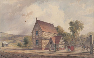 John Connell Ogle - Tudor Style Rural Train Station and Railroad Crossing.webp